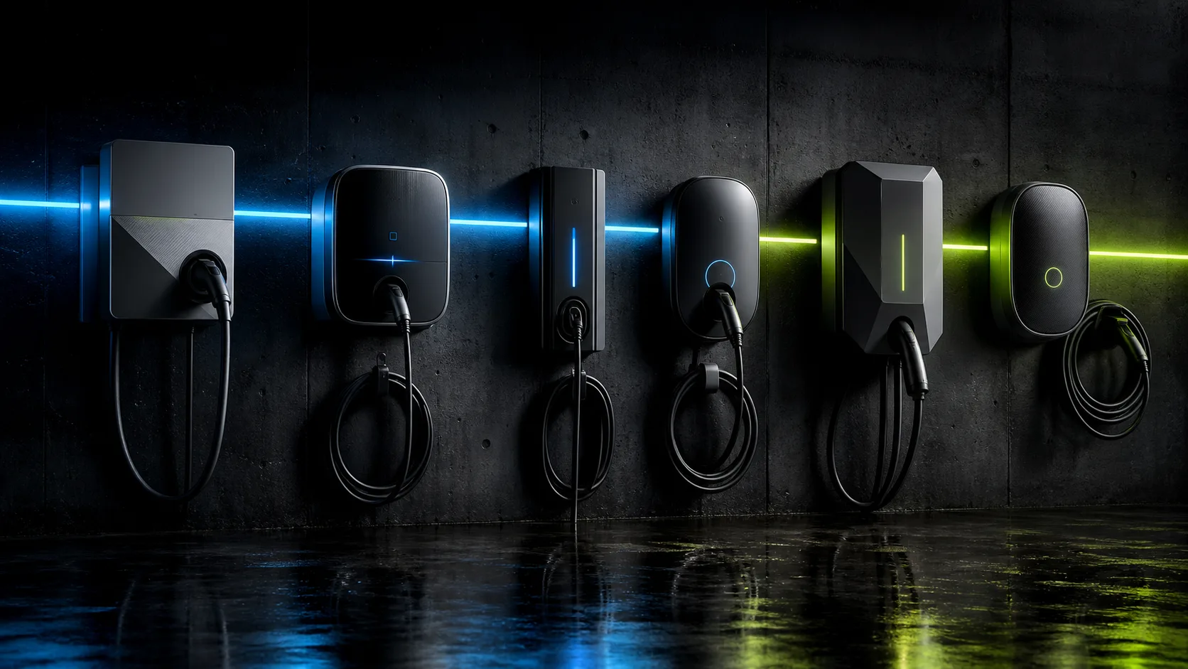 A range of home EV chargers from leading UK brands