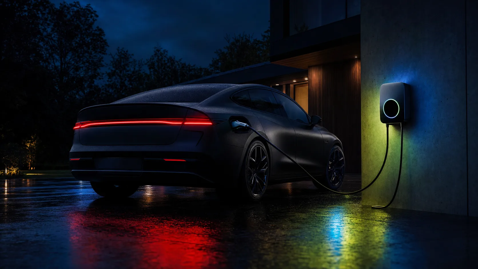 Dark electric car charging on a wet driveway at dusk with a wall-mounted EV charger glowing