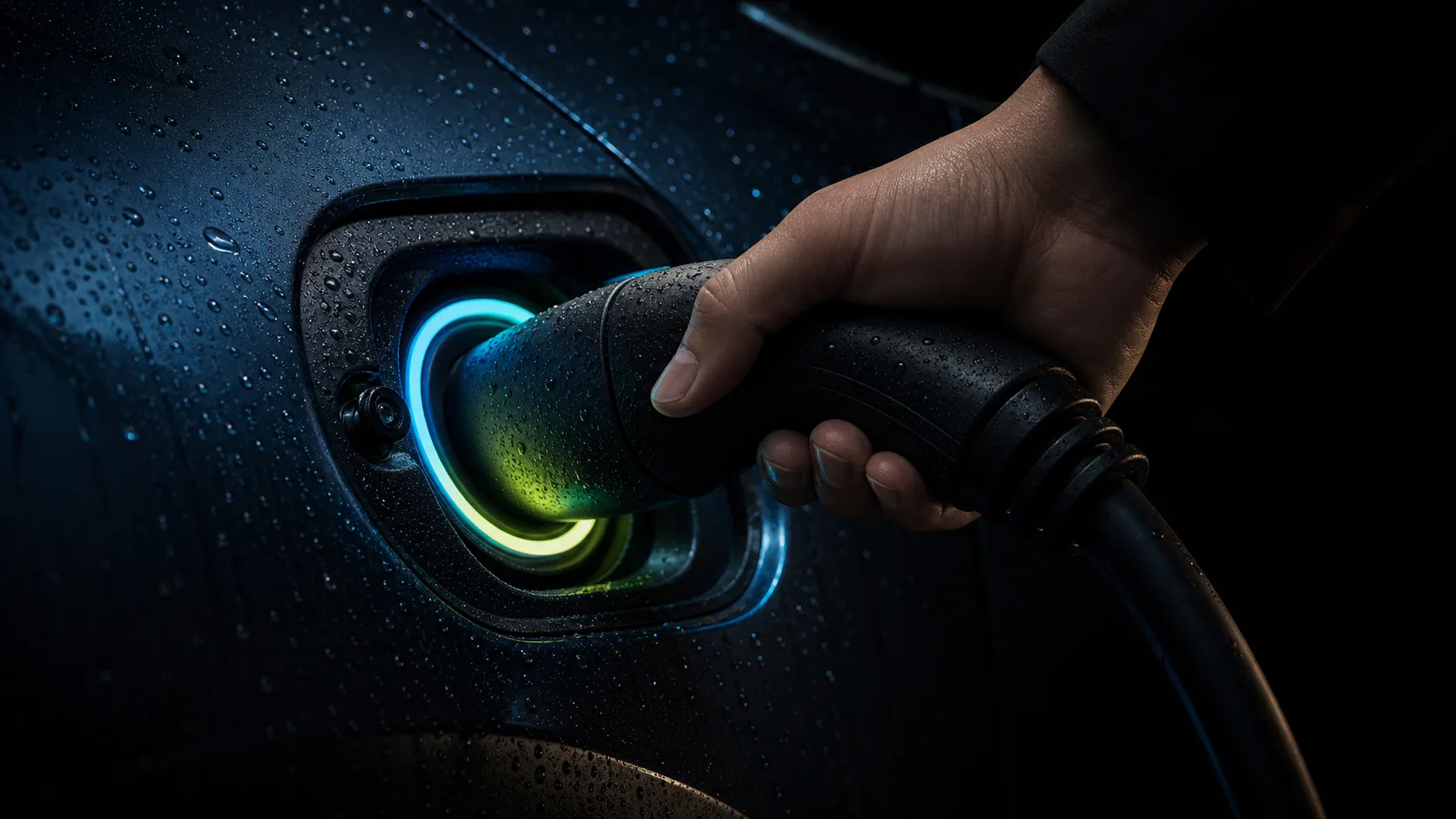 EV charging connector plugging into a car port with a glowing LED