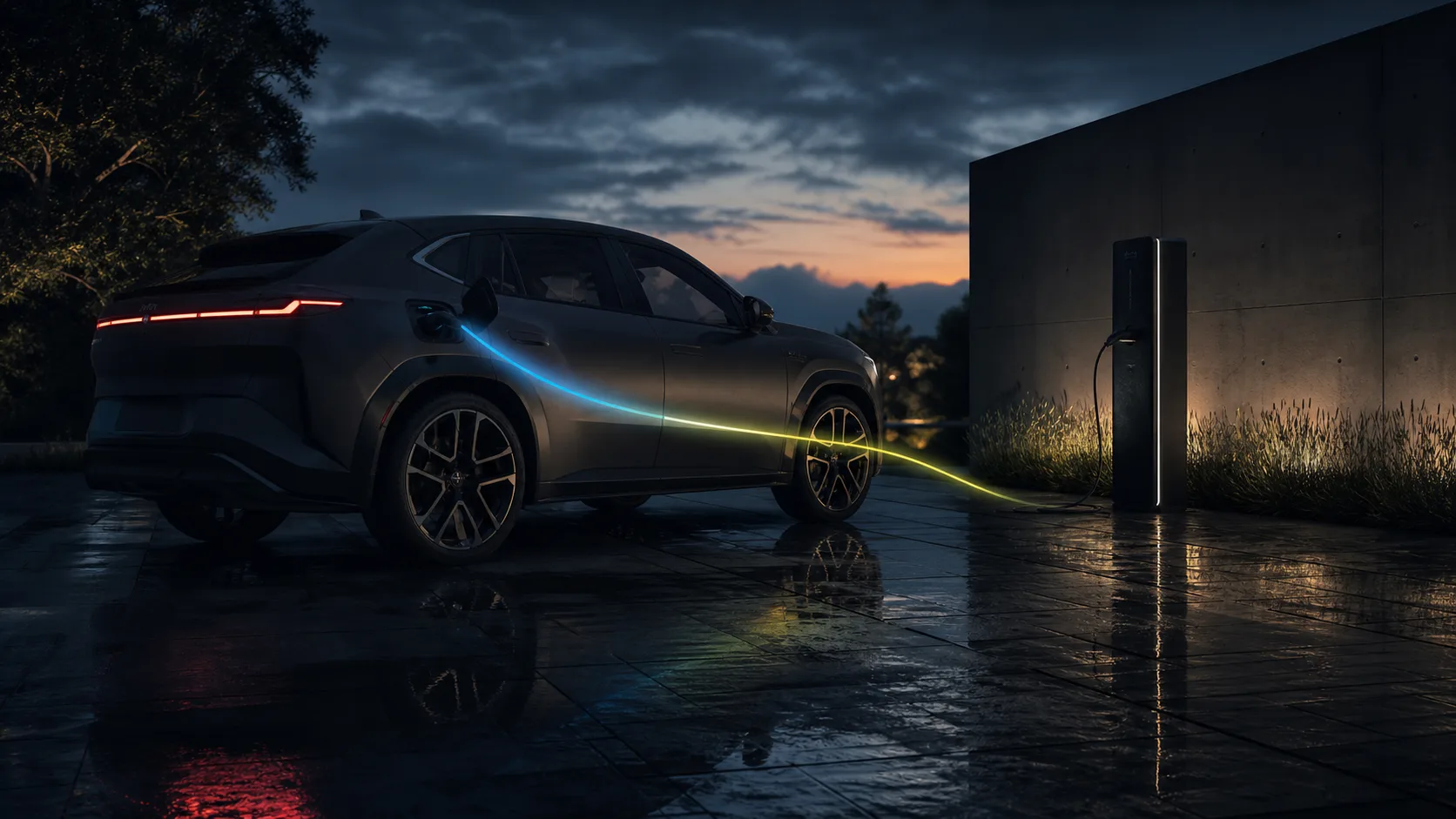 Newly installed EV charger on a home driveway at dusk