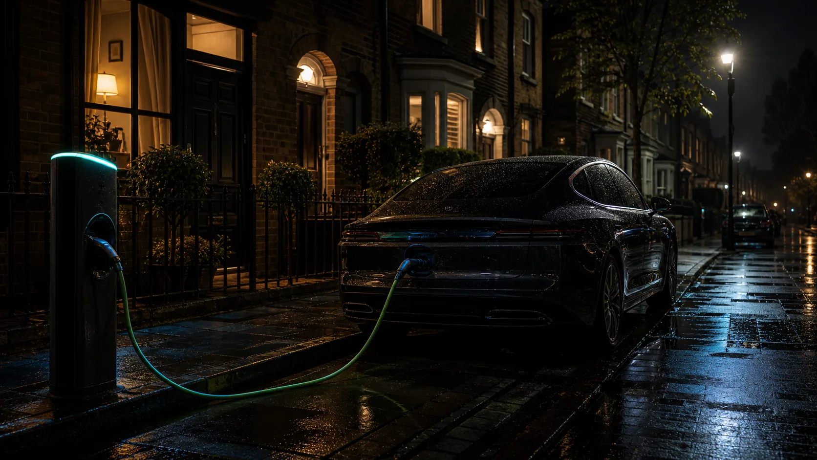 On-street EV charging on a UK residential street at night